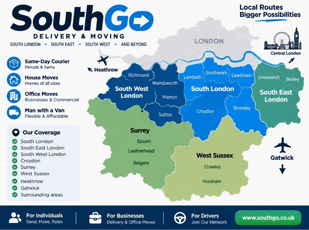 Illustrated SouthGo coverage map of South West London, South London, South East London and nearby areas